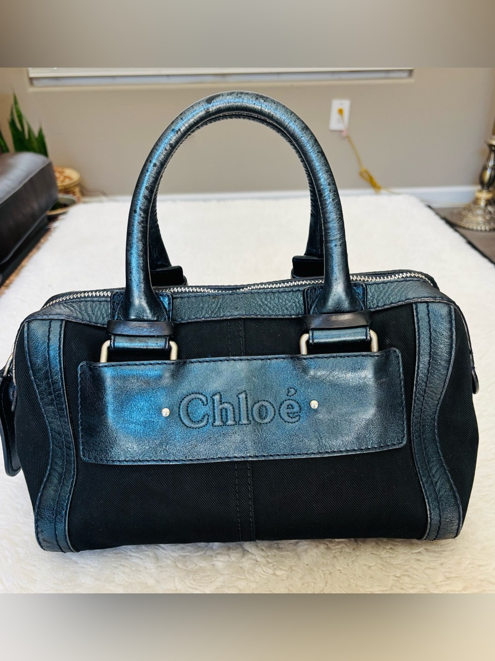 Chloe Metallic Blue Leather Black Canvas Handbag/Duffle Bag 12”x8”x7”